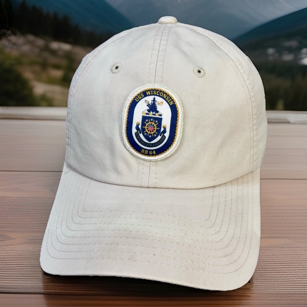 USS Wisconsin BB 64 Hat Levelwear Beige Strapback Dad Cap Navy Ship Patch Cotton